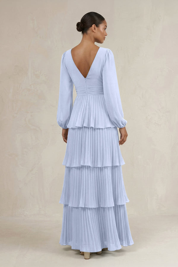 V - Neck Tiered A - Line Long Sleeve Bridesmaid Dress in Ice - SHE IS ME Bridesmaid Dresses