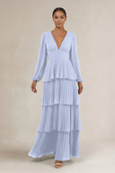 V - Neck Tiered A - Line Long Sleeve Bridesmaid Dress in Ice - SHE IS ME Bridesmaid Dresses