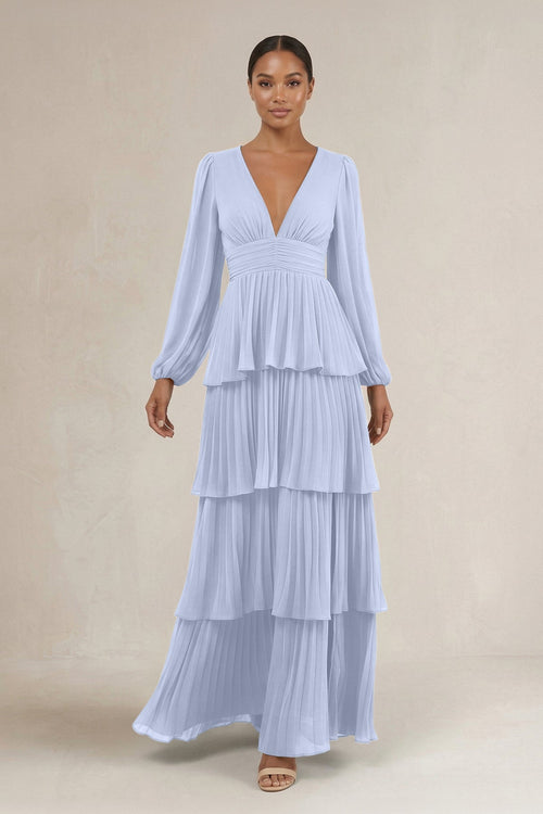 V - Neck Tiered A - Line Long Sleeve Bridesmaid Dress in Ice - SHE IS ME Bridesmaid Dresses