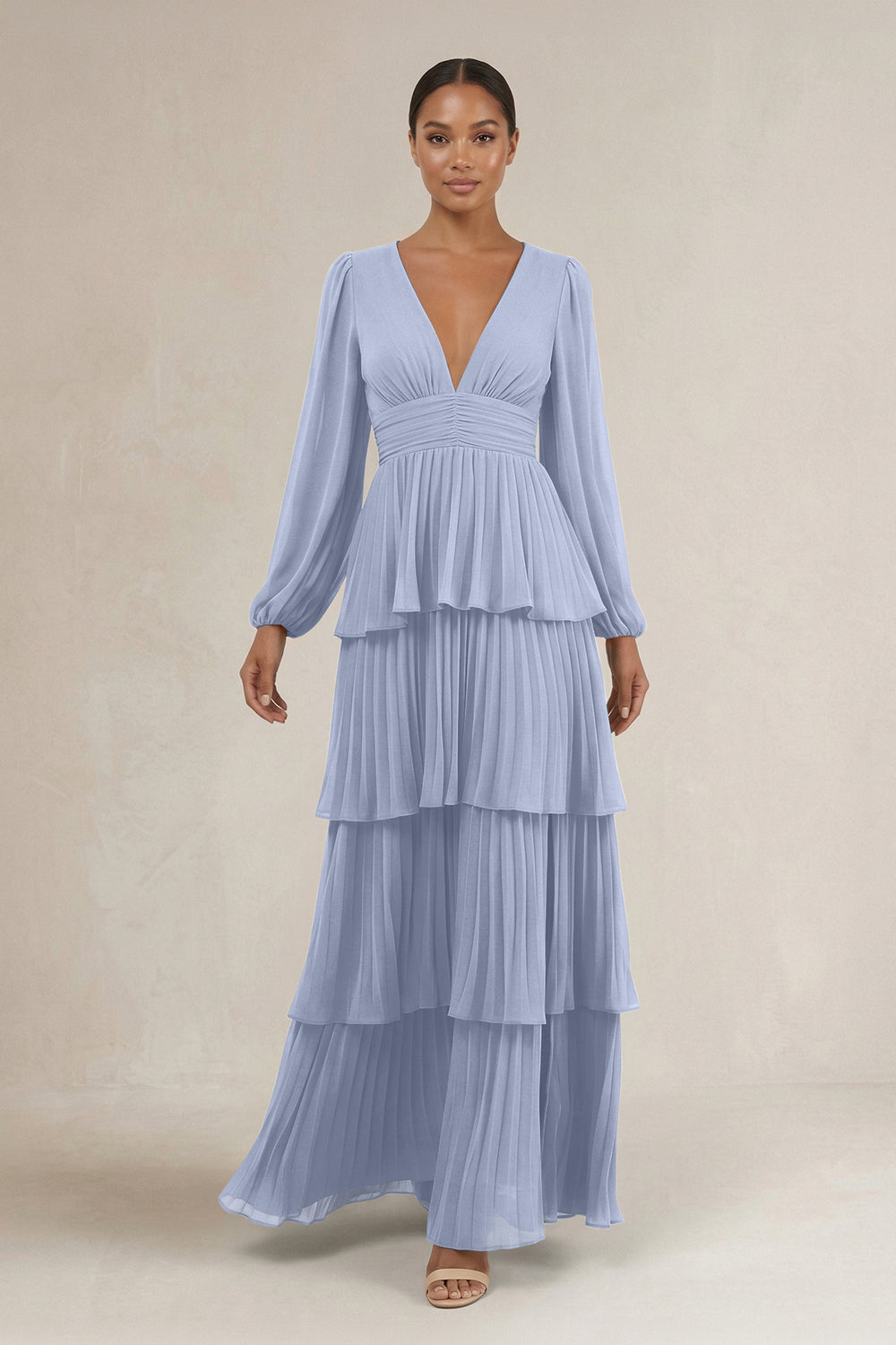 V-Neck Tiered A-Line Long Sleeve Bridesmaid Dress in Ice