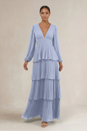V-Neck Tiered A-Line Long Sleeve Bridesmaid Dress in Ice | KISSBRIDAL