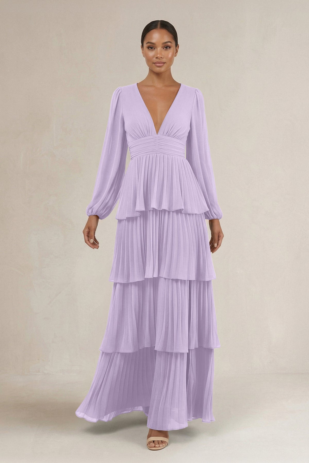 V - Neck Tiered A - Line Long Sleeve Bridesmaid Dress in Lavender - KISS BRIDAL Bridesmaid Dresses
