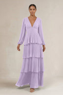 V - Neck Tiered A - Line Long Sleeve Bridesmaid Dress in Lavender - SHE IS ME Bridesmaid Dresses