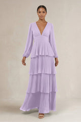 V - Neck Tiered A - Line Long Sleeve Bridesmaid Dress in Lavender - KISS BRIDAL Bridesmaid Dresses