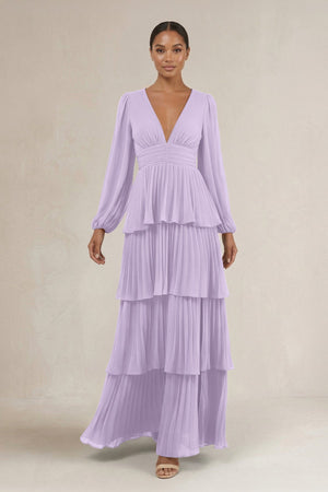 V - Neck Tiered A - Line Long Sleeve Bridesmaid Dress in Lavender - SHE IS ME Bridesmaid Dresses