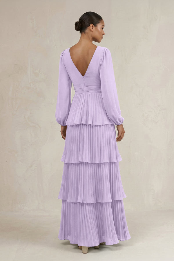 V - Neck Tiered A - Line Long Sleeve Bridesmaid Dress in Lavender - SHE IS ME Bridesmaid Dresses