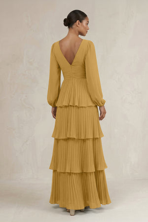 V-Neck Tiered A-Line Long Sleeve Bridesmaid Dress in Marigold (2) | KISSBRIDAL