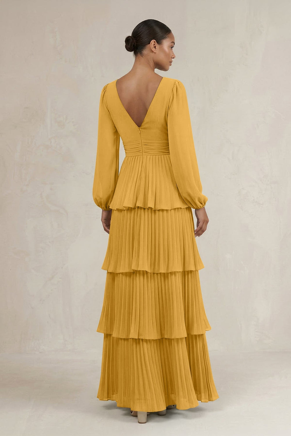 V - Neck Tiered A - Line Long Sleeve Bridesmaid Dress in Marigold - KISS BRIDAL Bridesmaid Dresses