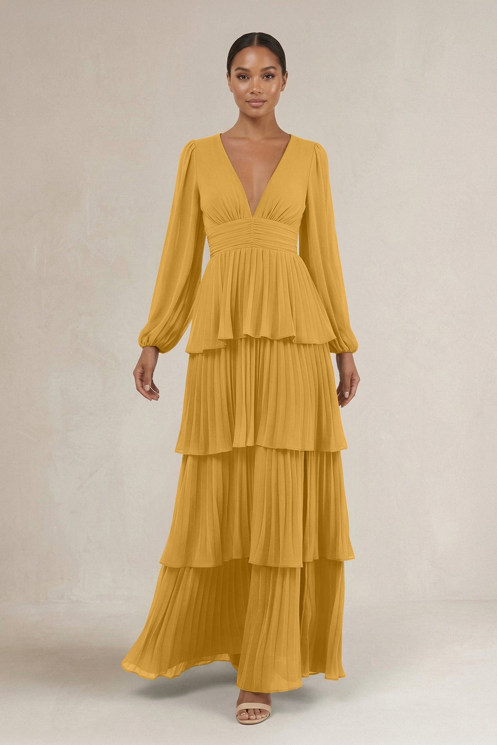 V - Neck Tiered A - Line Long Sleeve Bridesmaid Dress in Marigold - KISS BRIDAL Bridesmaid Dresses