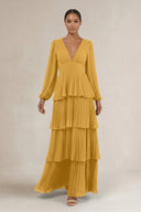 V - Neck Tiered A - Line Long Sleeve Bridesmaid Dress in Marigold - SHE IS ME Bridesmaid Dresses