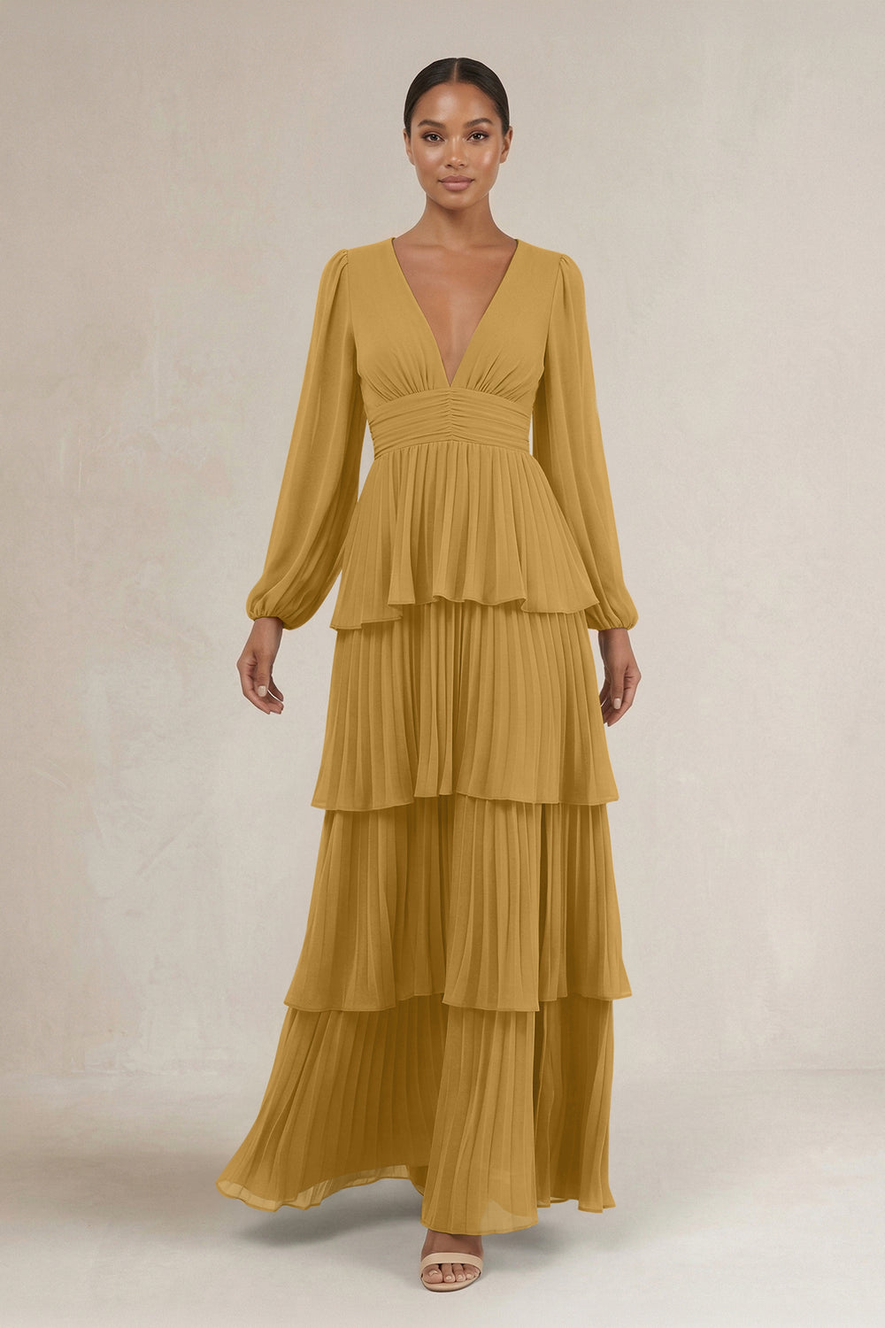 V-Neck Tiered A-Line Long Sleeve Bridesmaid Dress in Marigold