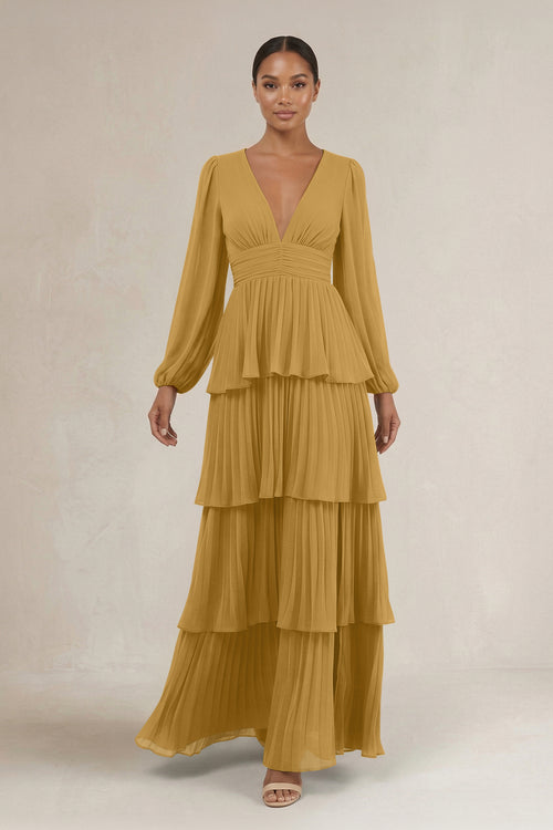 V-Neck Tiered A-Line Long Sleeve Bridesmaid Dress in Marigold | KISSBRIDAL
