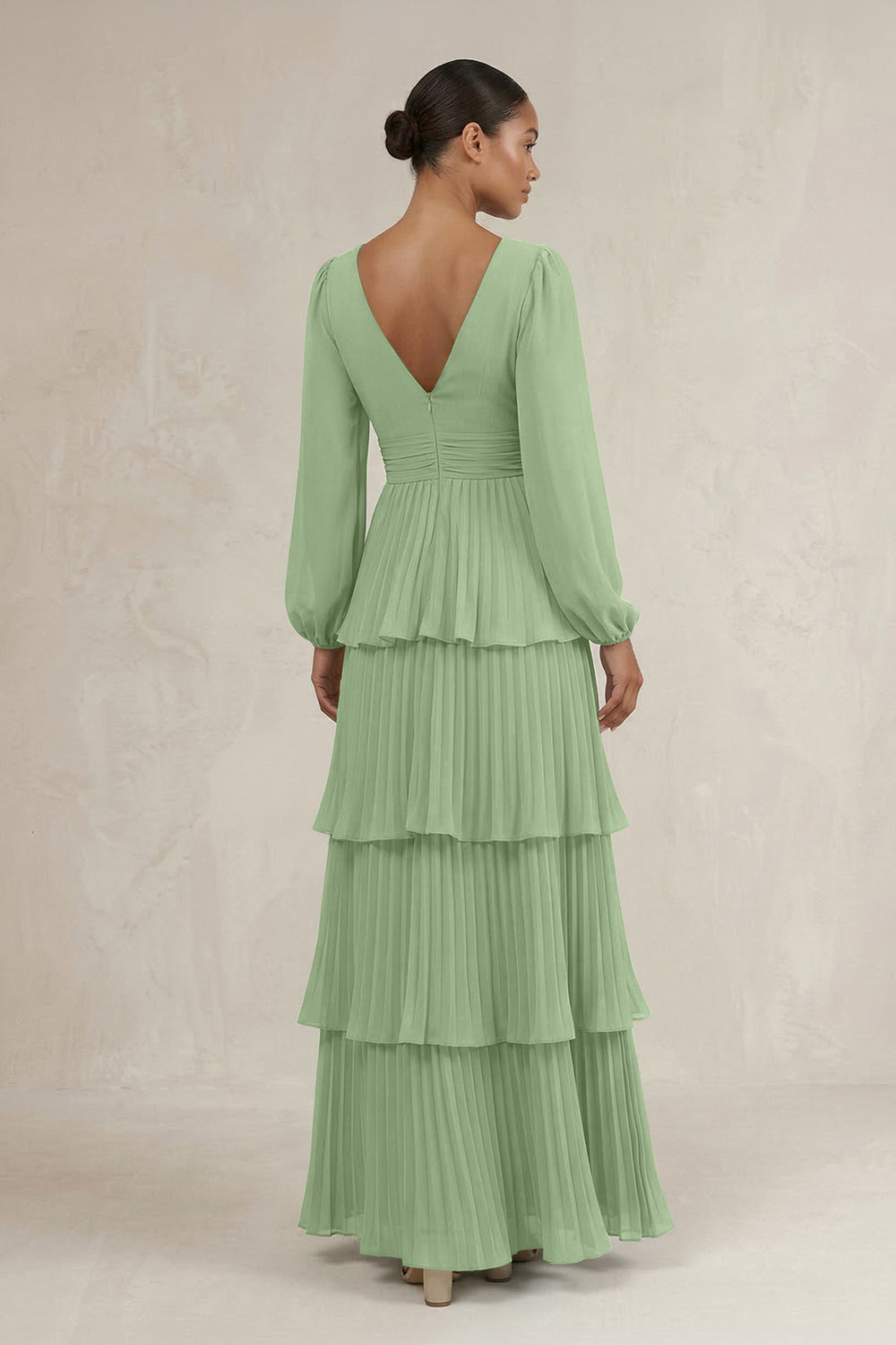 V-Neck Tiered A-Line Long Sleeve Bridesmaid Dress in Matcha