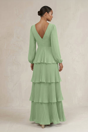 V-Neck Tiered A-Line Long Sleeve Bridesmaid Dress in Matcha (2) | KISSBRIDAL