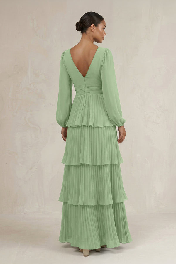 V-Neck Tiered A-Line Long Sleeve Bridesmaid Dress in Matcha (2) | KISSBRIDAL