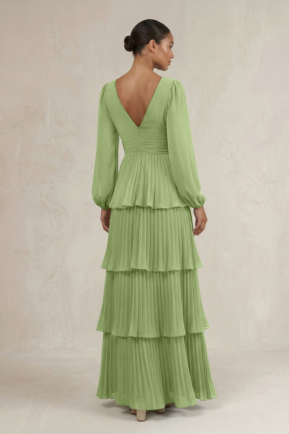 V - Neck Tiered A - Line Long Sleeve Bridesmaid Dress in Matcha - KISS BRIDAL Bridesmaid Dresses