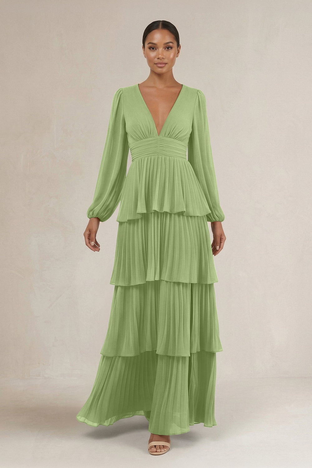 V - Neck Tiered A - Line Long Sleeve Bridesmaid Dress in Matcha - KISS BRIDAL Bridesmaid Dresses