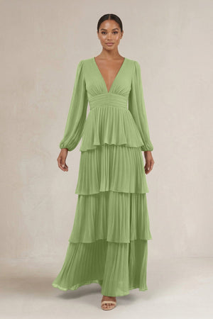 V - Neck Tiered A - Line Long Sleeve Bridesmaid Dress in Matcha - SHE IS ME Bridesmaid Dresses