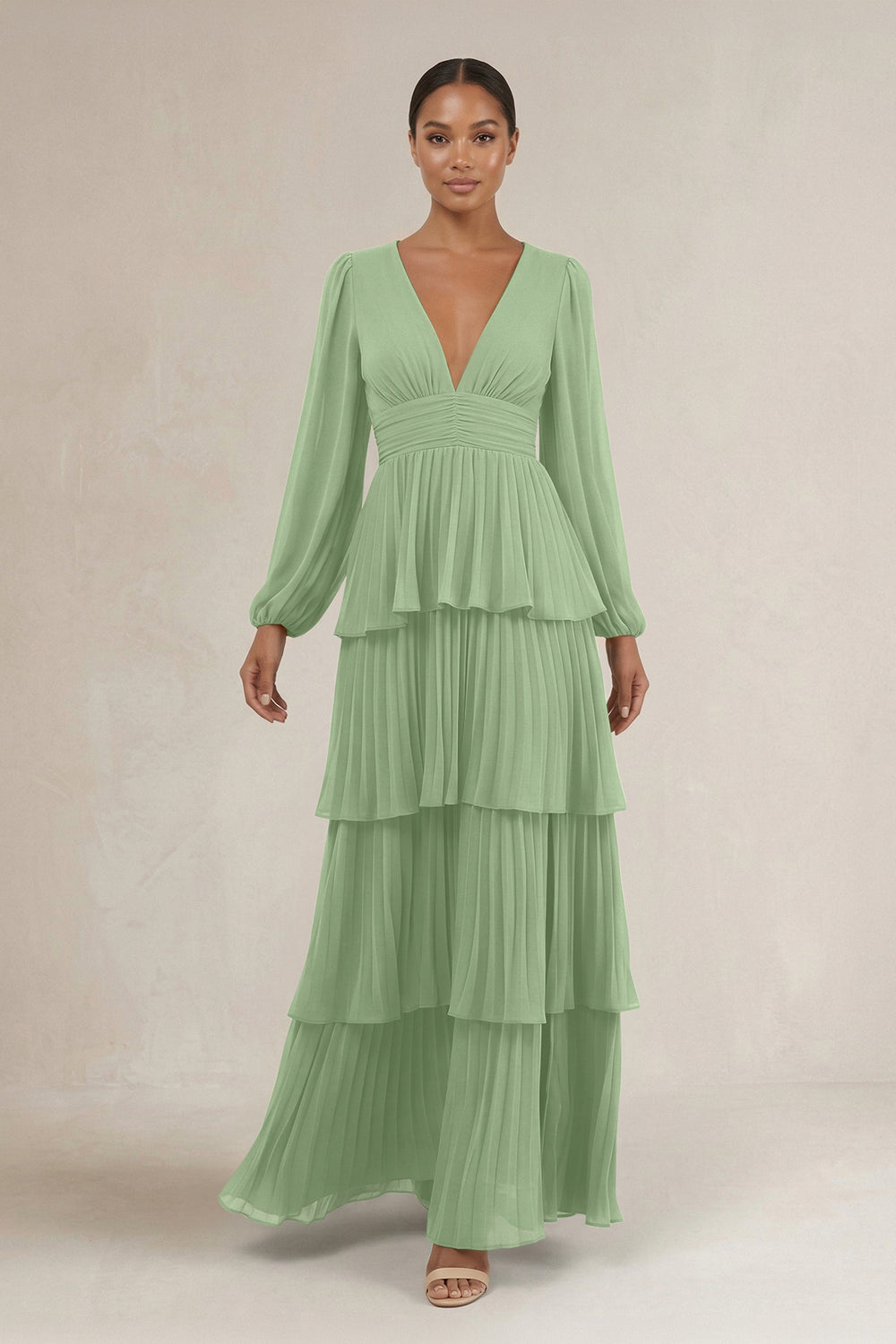 V-Neck Tiered A-Line Long Sleeve Bridesmaid Dress in Matcha