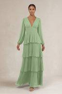 V-Neck Tiered A-Line Long Sleeve Bridesmaid Dress in Matcha | KISSBRIDAL