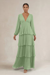 V-Neck Tiered A-Line Long Sleeve Bridesmaid Dress in Matcha | KISSBRIDAL