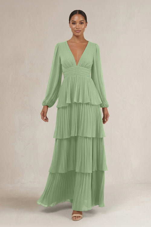 V-Neck Tiered A-Line Long Sleeve Bridesmaid Dress in Matcha | KISSBRIDAL
