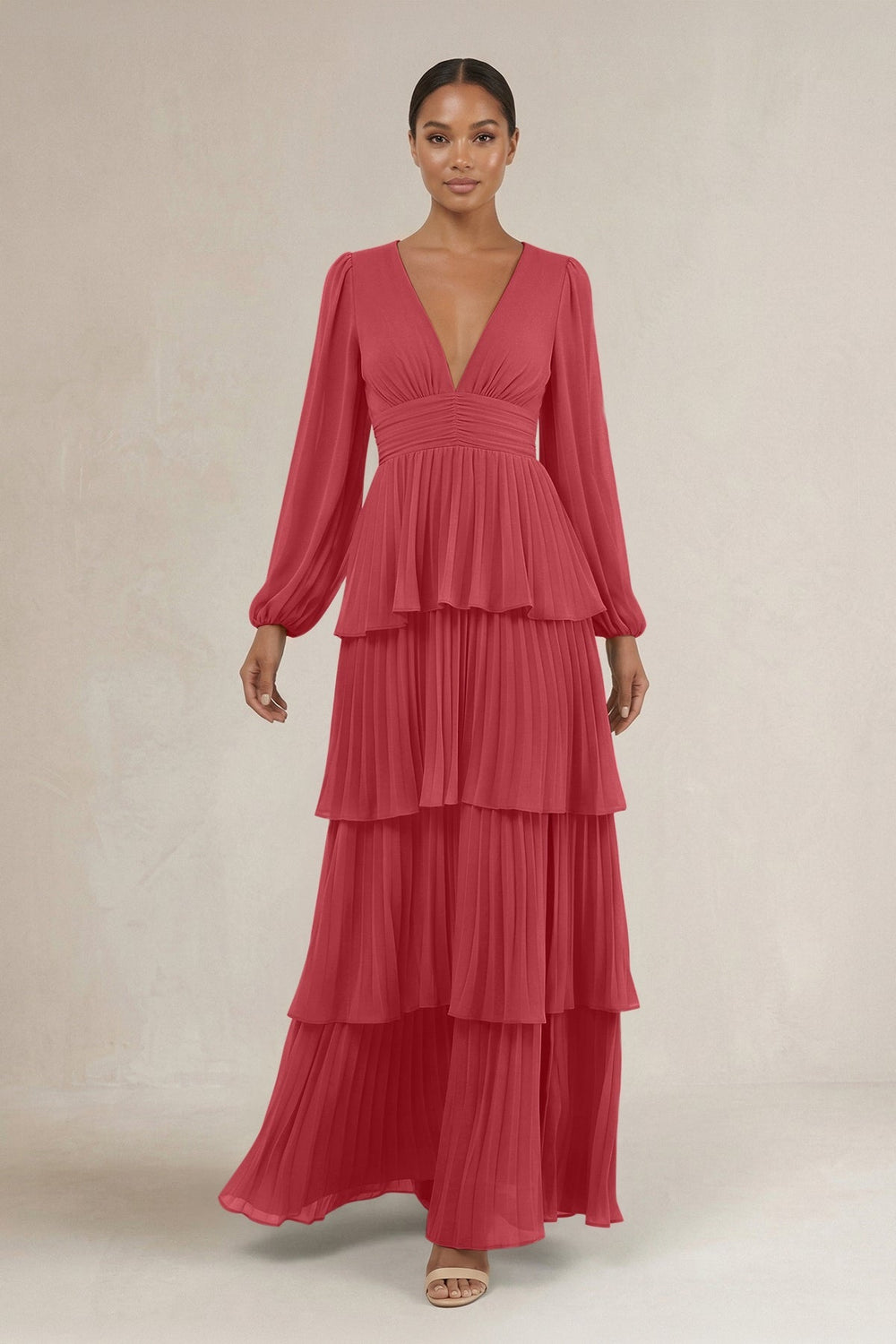 V - Neck Tiered A - Line Long Sleeve Bridesmaid Dress in Merlot - KISS BRIDAL Bridesmaid Dresses