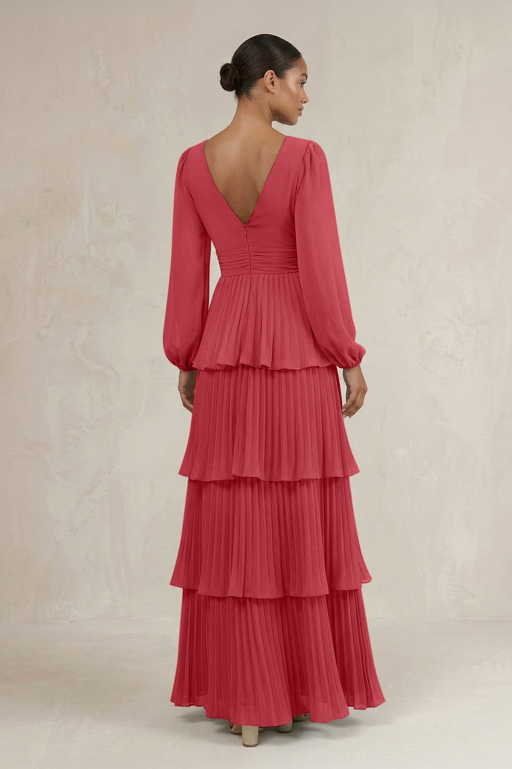 V - Neck Tiered A - Line Long Sleeve Bridesmaid Dress in Merlot - KISS BRIDAL Bridesmaid Dresses