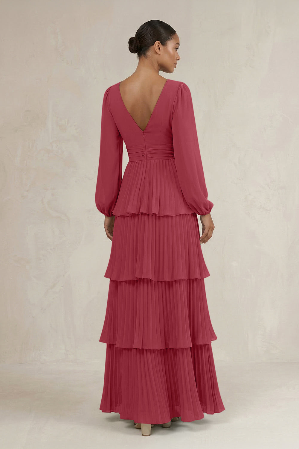 V-Neck Tiered A-Line Long Sleeve Bridesmaid Dress in Merlot