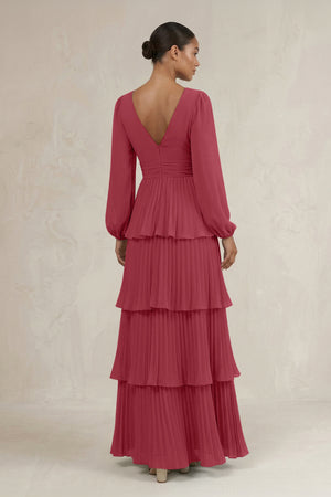 V-Neck Tiered A-Line Long Sleeve Bridesmaid Dress in Merlot (2) | KISSBRIDAL