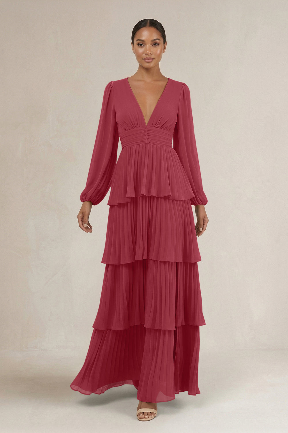 V-Neck Tiered A-Line Long Sleeve Bridesmaid Dress in Merlot