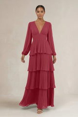 V-Neck Tiered A-Line Long Sleeve Bridesmaid Dress in Merlot | KISSBRIDAL