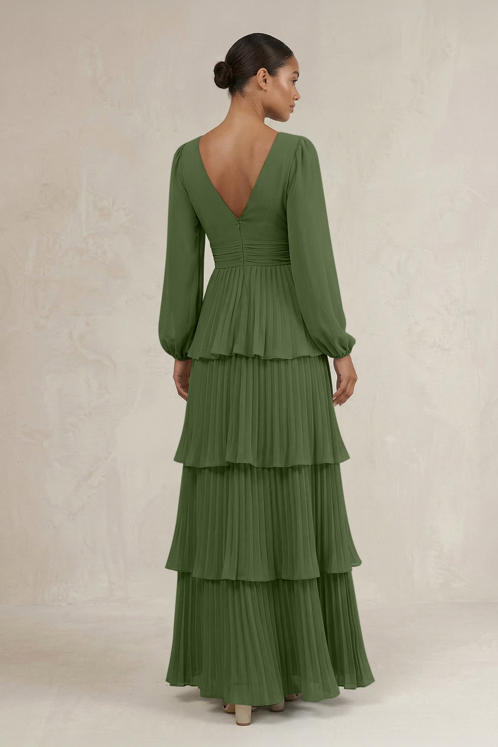 V-Neck Tiered A-Line Long Sleeve Bridesmaid Dress in Moss