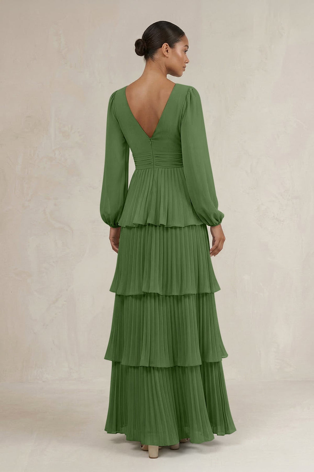 V - Neck Tiered A - Line Long Sleeve Bridesmaid Dress in Moss - KISS BRIDAL Bridesmaid Dresses