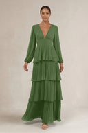 V - Neck Tiered A - Line Long Sleeve Bridesmaid Dress in Moss - SHE IS ME Bridesmaid Dresses
