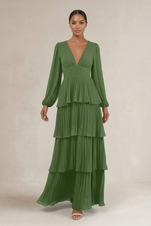 V - Neck Tiered A - Line Long Sleeve Bridesmaid Dress in Moss - SHE IS ME Bridesmaid Dresses