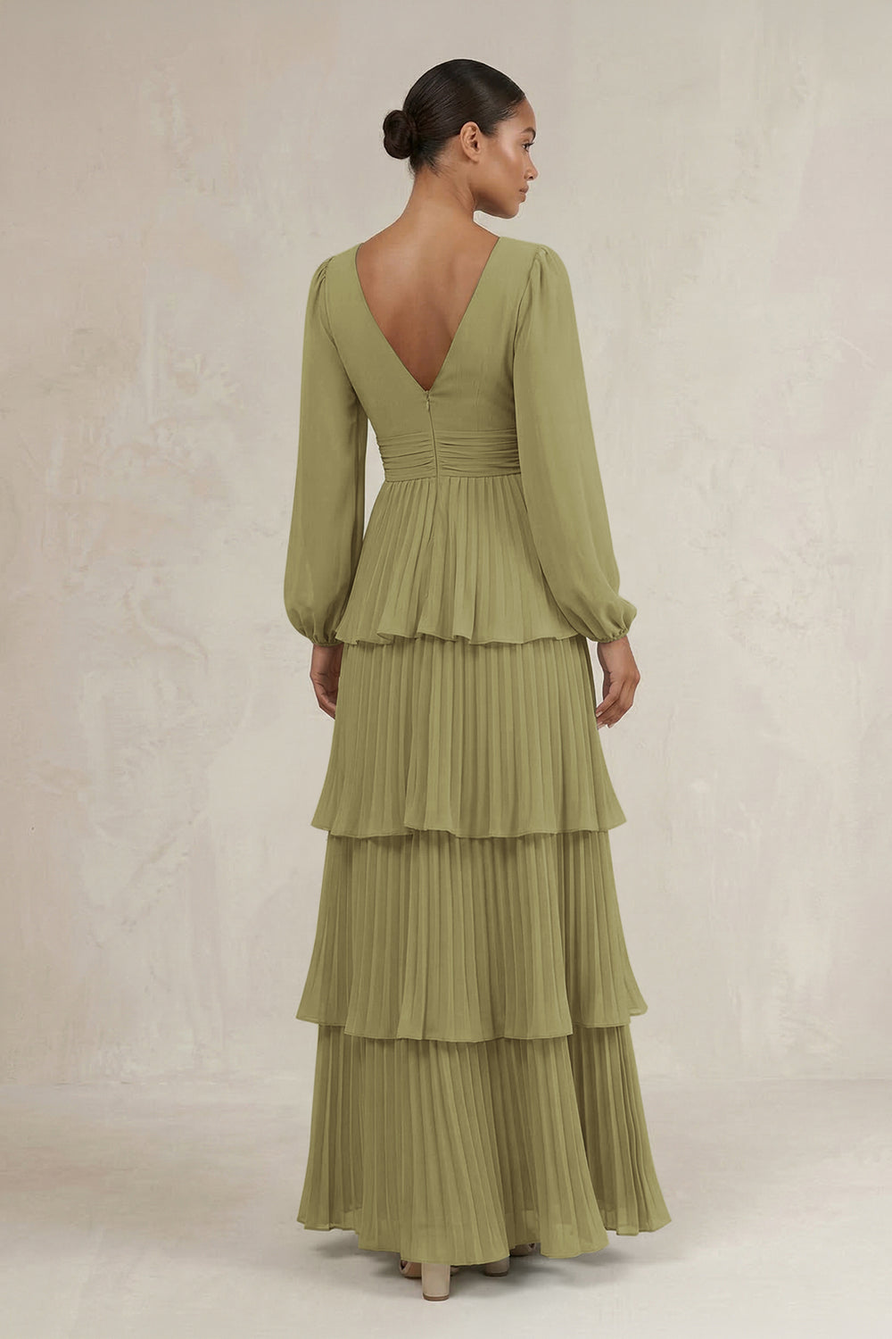 V-Neck Tiered A-Line Long Sleeve Bridesmaid Dress in Moss Green