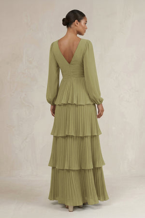 V-Neck Tiered A-Line Long Sleeve Bridesmaid Dress in Moss Green (2) | KISSBRIDAL
