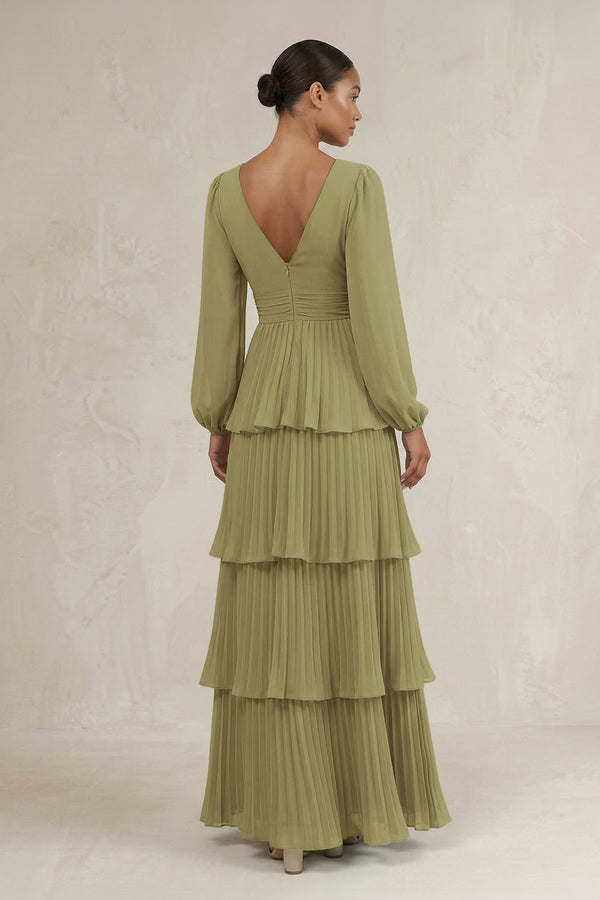 V-Neck Tiered A-Line Long Sleeve Bridesmaid Dress in Moss Green (2) | KISSBRIDAL