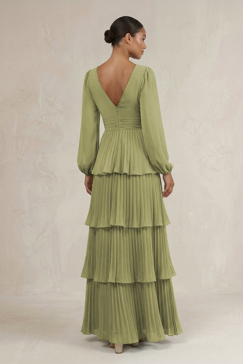 V - Neck Tiered A - Line Long Sleeve Bridesmaid Dress in Moss Green - KISS BRIDAL Bridesmaid Dresses
