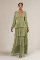 V - Neck Tiered A - Line Long Sleeve Bridesmaid Dress in Moss Green - SHE IS ME Bridesmaid Dresses