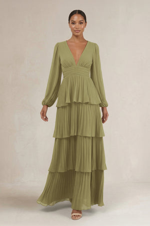 V-Neck Tiered A-Line Long Sleeve Bridesmaid Dress in Moss Green | KISSBRIDAL