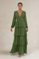 V-Neck Tiered A-Line Long Sleeve Bridesmaid Dress in Moss | KISSBRIDAL