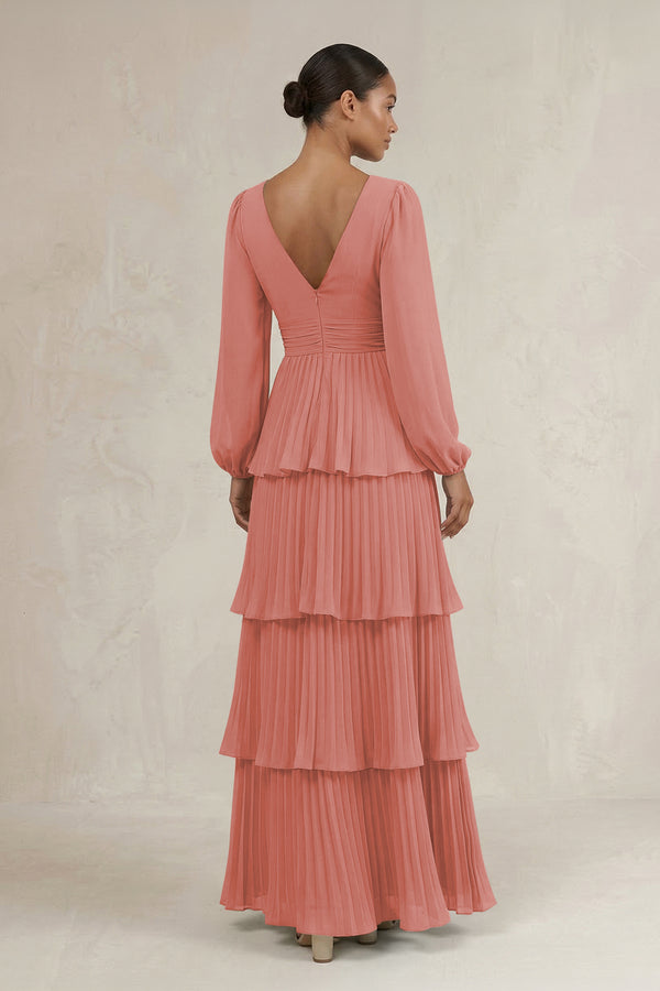 V-Neck Tiered A-Line Long Sleeve Bridesmaid Dress in Mulberry (2) | KISSBRIDAL