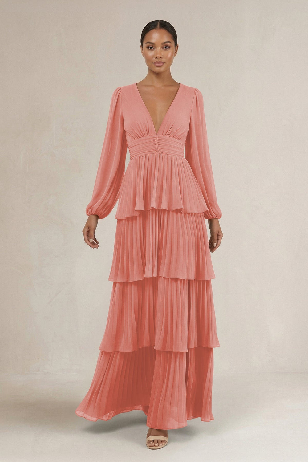 V - Neck Tiered A - Line Long Sleeve Bridesmaid Dress in Mulberry - KISS BRIDAL Bridesmaid Dresses