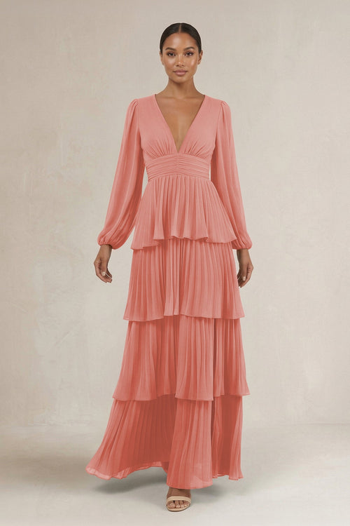 V - Neck Tiered A - Line Long Sleeve Bridesmaid Dress in Mulberry - SHE IS ME Bridesmaid Dresses