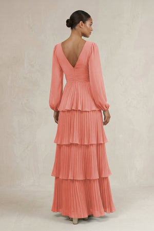 V - Neck Tiered A - Line Long Sleeve Bridesmaid Dress in Mulberry - SHE IS ME Bridesmaid Dresses