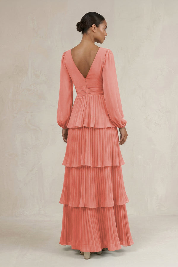 V - Neck Tiered A - Line Long Sleeve Bridesmaid Dress in Mulberry - SHE IS ME Bridesmaid Dresses