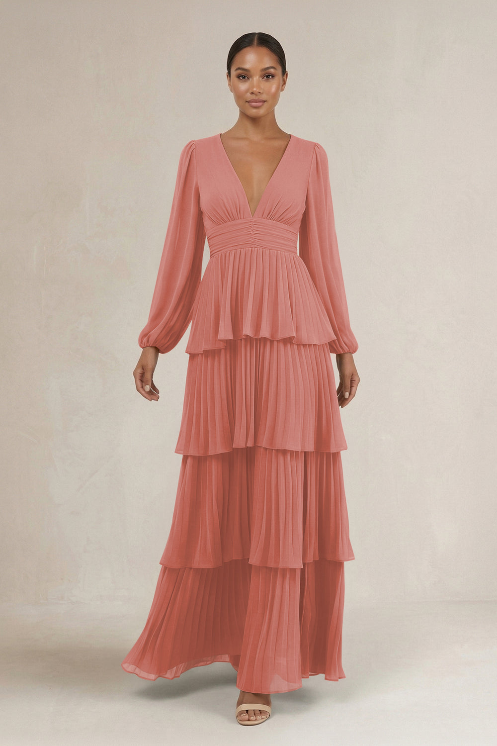 V-Neck Tiered A-Line Long Sleeve Bridesmaid Dress in Mulberry