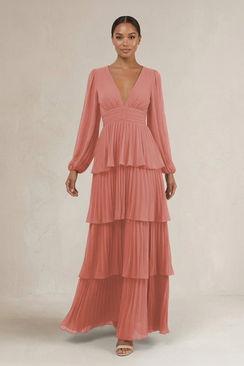 V-Neck Tiered A-Line Long Sleeve Bridesmaid Dress in Mulberry | KISSBRIDAL